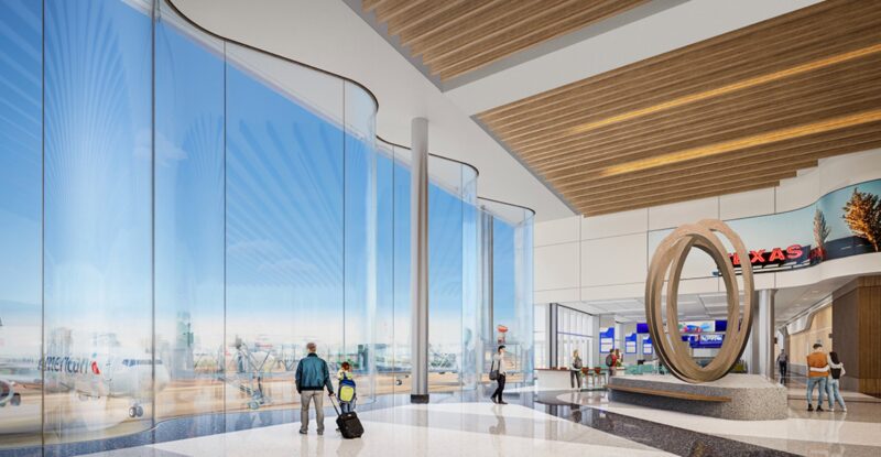 Rendering: inside the new terminal at DFW, with floor to ceiling windows adding to the bright, airy and modern feel of the space. American Airlines and DFW are collaborating on the new terminal.